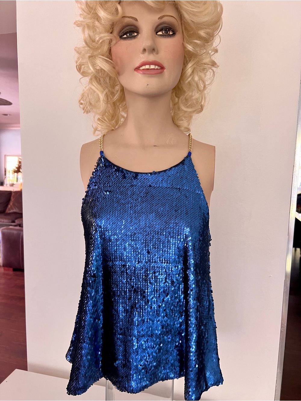 Blue Sequin Tank Top with Chain Straps